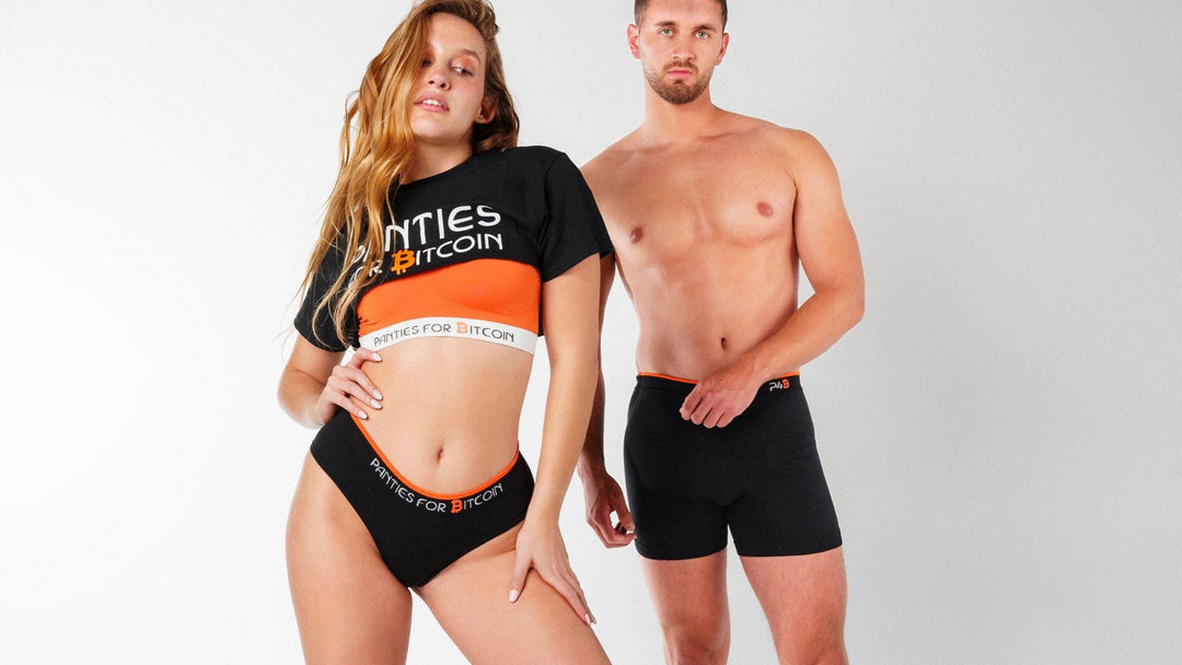 Man and woman wearing matching black Panties for Bitcoin Lightning Collection underwear with branded waistbands