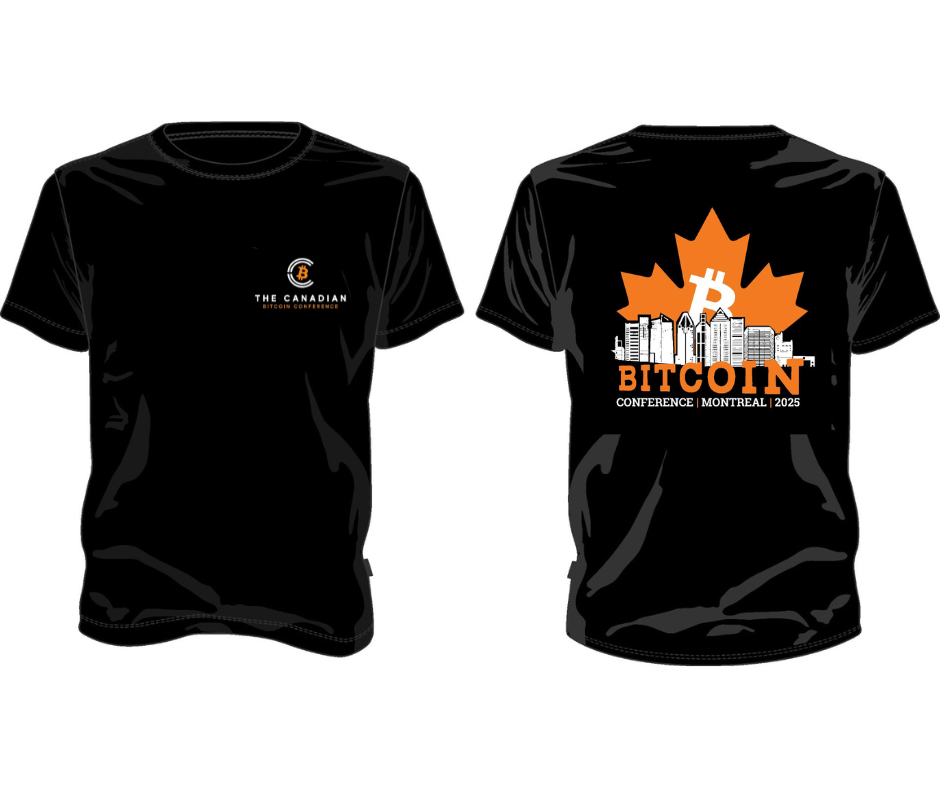 Black t-shirt with Bitcoin Conference Montreal 2020 design on a white background