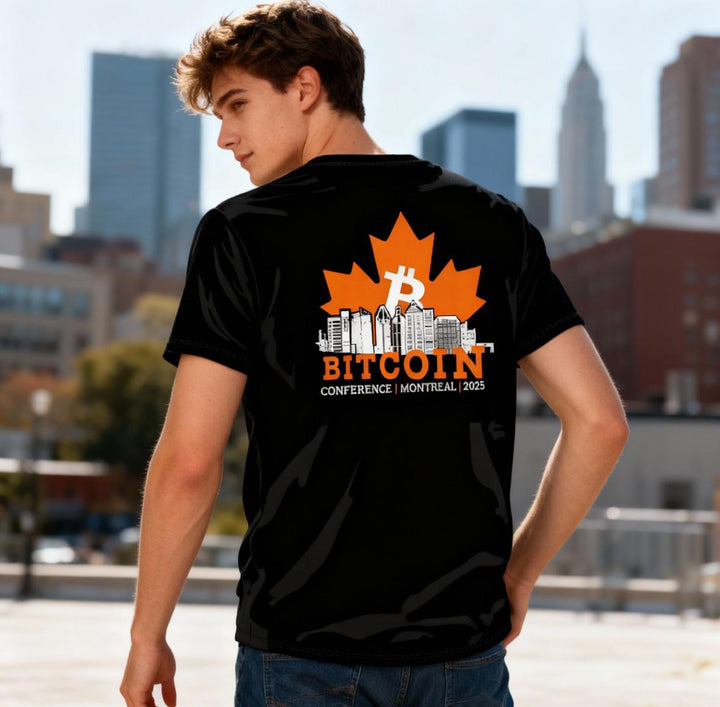 Man wearing a black t-shirt with Bitcoin Conference Montreal 2025 design, standing in an urban setting.